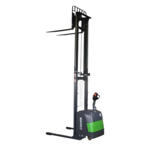 Close-up EKKO EB18C-145LI Full Powered Lithium Straddle Stacker battery compartment