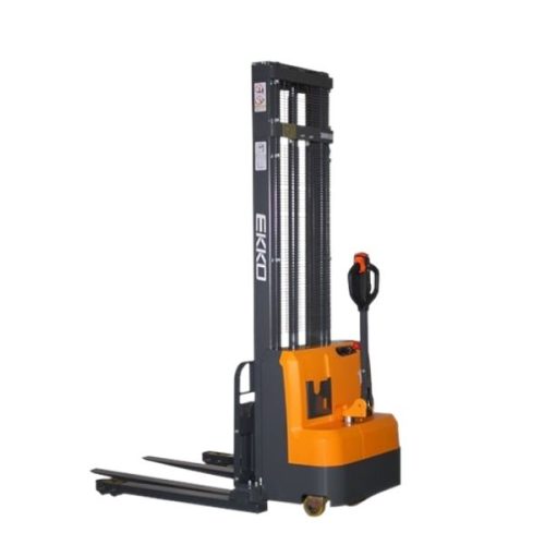 Angled view EKKO EB14C-138 Full Powered Straddle Stacker with lowered forks