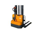 Front view EKKO EB14C-138 Full Powered Straddle Stacker drive unit and forks