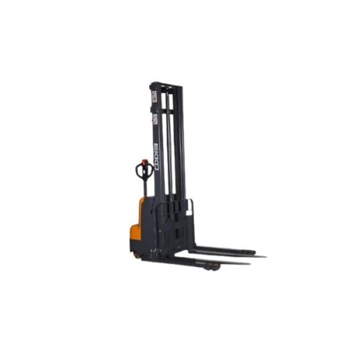 Rear view EKKO EB14C-138 Full Powered Straddle Stacker with extended forks