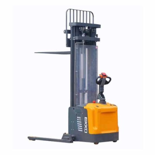 Angled view showing EKKO EB16EA Full Powered Straddle Stacker with raised forks