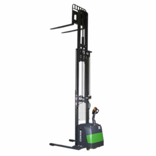 Angled view EKKO EB20CS-177Li Full Powered Straddle Stacker raised forks