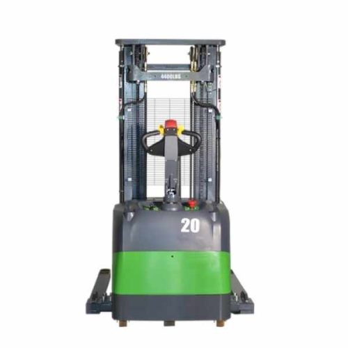 Rear view EKKO EB20CS-177Li Full Powered Straddle Stacker mast and operating handle