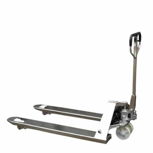 Angled view EKKO A25G Galvanized Steel Manual Pallet Jack lowered forks