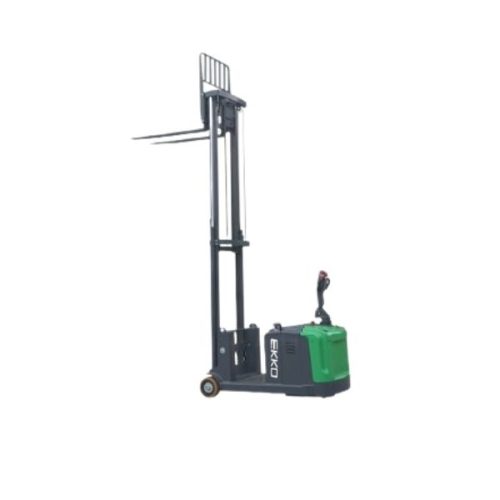 Side view of EKKO EK14S-130Li Lithium Counterbalanced Walkie Stacker with raised forks