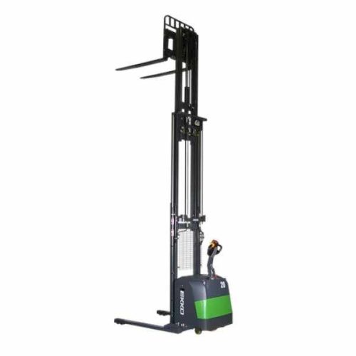 Angled view EKKO EB20CS-189Li Lithium Electric Straddle Stacker raised forks