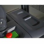 Close-up EKKO EB20CS-216Li Lithium Electric Straddle Stacker storage compartments and emergency stop control