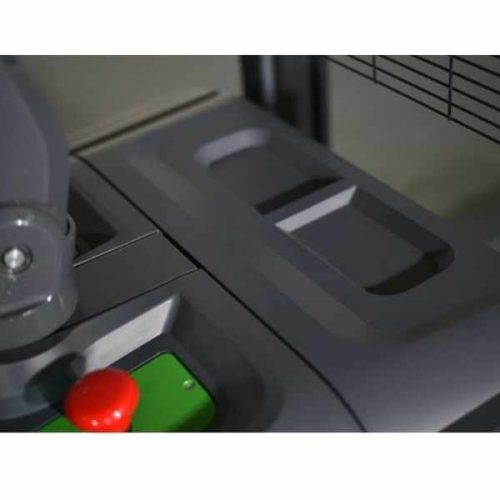 Close-up EKKO EB20CS-216Li Lithium Electric Straddle Stacker storage compartments and emergency stop control