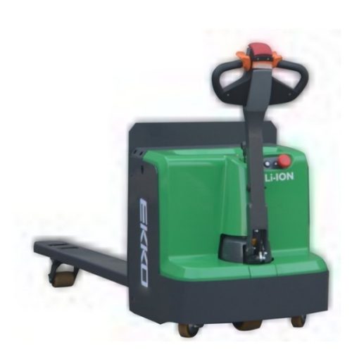 Angled view of EKKO EP20Li Lithium Iron Phosphate Electric Walkie Pallet Jack with lowered forks
