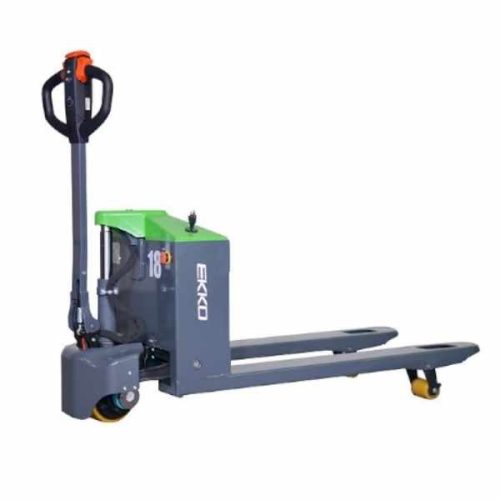 Angled view EKKO EP18JLi Lithium Pallet Jack lowered forks