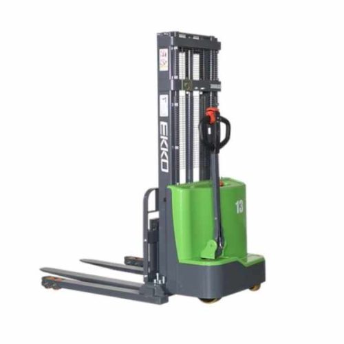 Angled view EKKO EB13C-118Li Lithium Straddle Stacker lowered forks