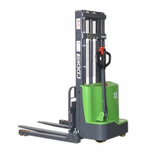 Angled view EKKO EB13C-138Li Lithium Straddle Stacker lowered forks