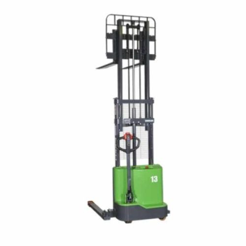 Front view EKKO EB13C-138Li Lithium Straddle Stacker raised forks