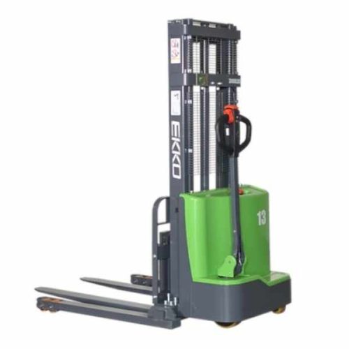 Angled view EKKO EB13C-145Li Lithium Straddle Stacker lowered forks