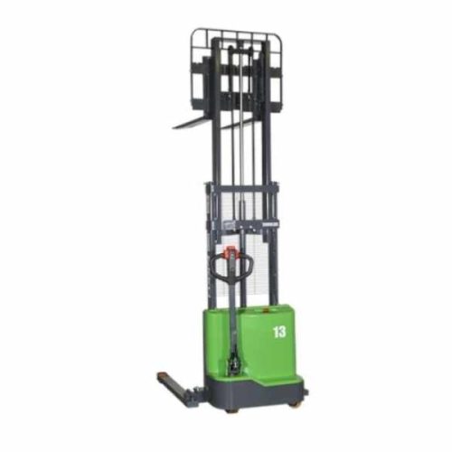 Front view EKKO EB13C-145Li Lithium Straddle Stacker raised forks
