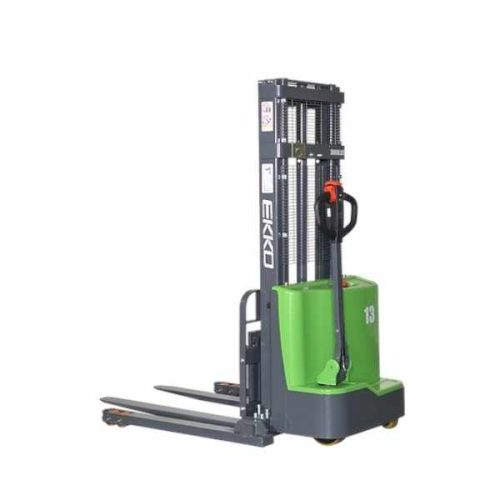 Angled view EKKO EB13C-98Li Lithium Straddle Stacker lowered forks