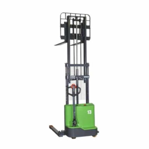 Front view EKKO EB13C-98Li Lithium Straddle Stacker raised forks