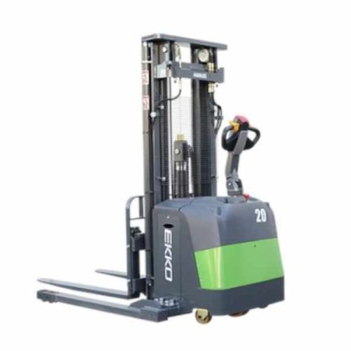 Angled view showing EKKO EB16EAS-189Li Lithium Straddle Stacker with adjustable forks