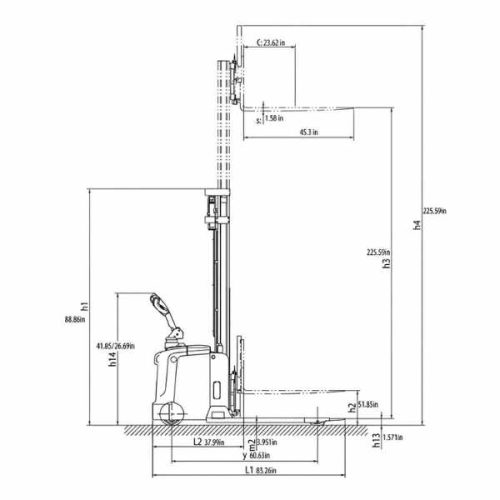 Side measurement diagram for EKKO EB16EAS-189Li Lithium Straddle Stacker