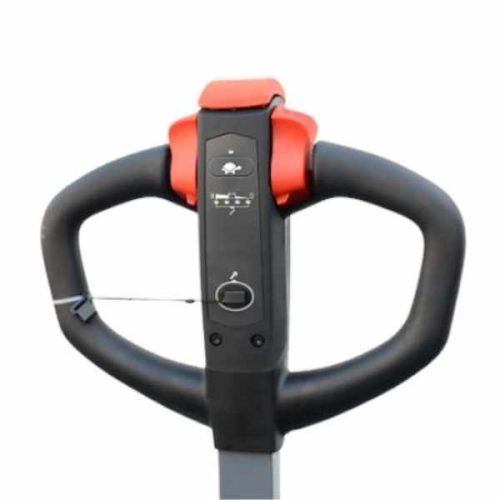 Front close-up EKKO EP18JLIC Lithium Walkie Pallet Jack operating handle controls