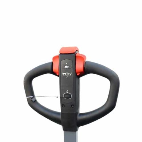 Front close-up EKKO EP20JLIC Lithium Walkie Pallet Jack operating handle controls