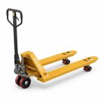 Angled view EKKO A25 Manual Pallet Jack lowered forks and ergonomic handle