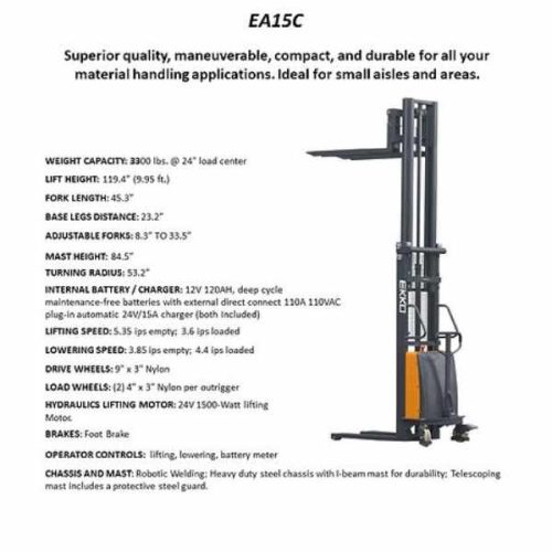 EKKO EA15C Semi-Electric Fork-Over Stacker positioned in a warehouse aisle