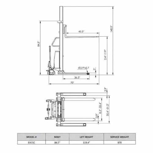 EKKO EA15C Semi-Electric Fork-Over Stacker technical measurement diagram