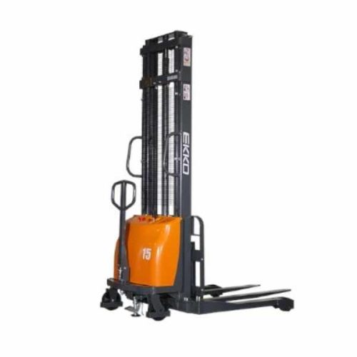 Angled view EKKO EA15A-138 Semi-Electric Straddle Stacker lowered forks