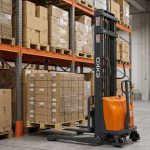EKKO EA15A Semi-Electric Straddle Stacker positioned inside a warehouse