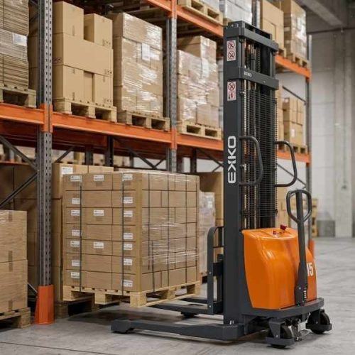 EKKO EA15A Semi-Electric Straddle Stacker positioned inside a warehouse