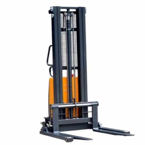 Front angled view showing EKKO EA15B Semi-Electric Straddle Stacker with adjustable forks