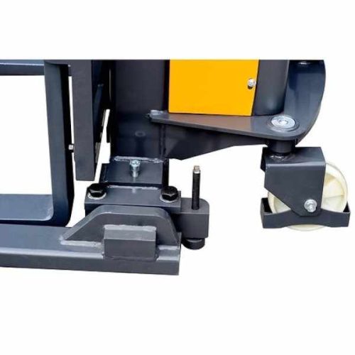 Close-up showing EKKO EA15B Semi-Electric Straddle Stacker adjustable leg and steering wheel