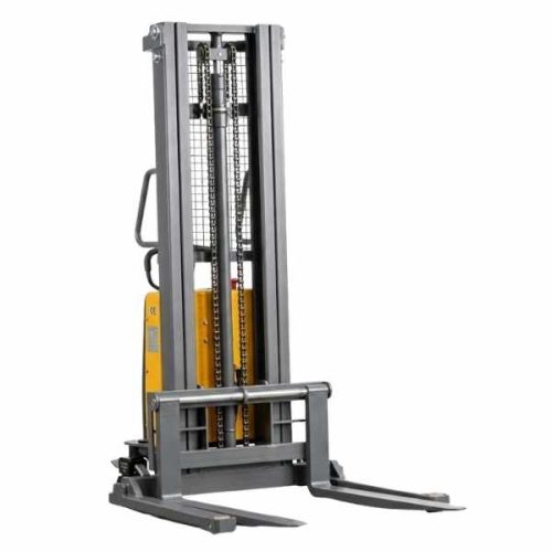 Angled view showing EKKO EA15D Semi-Electric Straddle Stacker with mast and forks