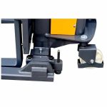 Close-up showing EKKO EA15D Semi-Electric Straddle Stacker adjustable straddle leg and steering wheel