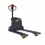 Angled view EKKO EP15SLi Semi-Electric Walkie Pallet Jack lowered forks