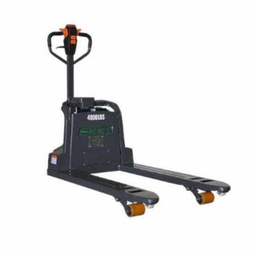 Angled view EKKO EP15SLi Semi-Electric Walkie Pallet Jack lowered forks
