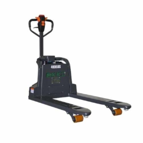 Angled view EKKO EP18SLi Semi-Electric Walkie Pallet Jack lowered forks