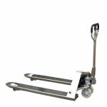 Angled view EKKO A25S Stainless Steel Manual Pallet Jack lowered forks