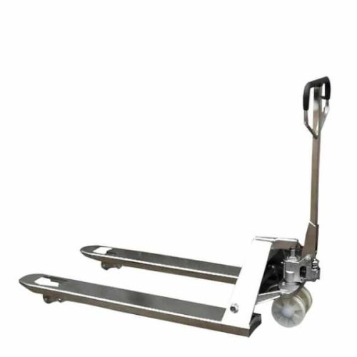 Angled view EKKO A25S Stainless Steel Manual Pallet Jack lowered forks