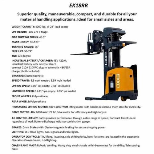 EKKO EK18RR Stand-Up Narrow Aisle Reach Truck specification overview