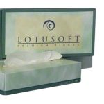 Close-up showing Lotus Facial Tissue sheets emerging from the dispenser box