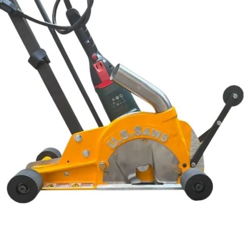 Close-up Mark-III Dust Buggy blade guard, wheels, and cutting assembly