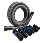 Angled view Mechanic Shop Vac Hose Adapter Kit coiled hose and power tool adapters