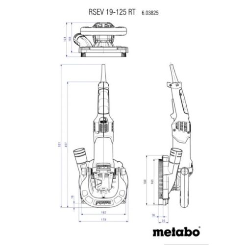 Dimensions diagram for Metabo RSEV 19-125 RT Renovation Grinder
