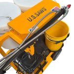 Detail view One Man Polymer Pump hose assembly, spill cover, and waste bucket