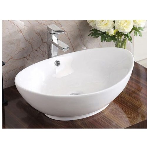 Angled view Pelican Shell Series Porcelain Vessel Sink PL-3002 installed on a bathroom vanity