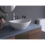 Pelican Shell Series Porcelain Vessel Sink PL-3002 installed on a modern bathroom vanity