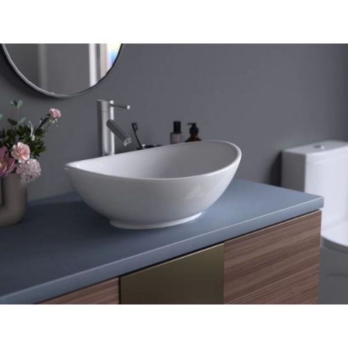 Pelican Shell Series Porcelain Vessel Sink PL-3002 installed on a modern bathroom vanity
