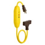 Side view Portable GFCI ARA-8039 inline safety module and triple-tap outlet